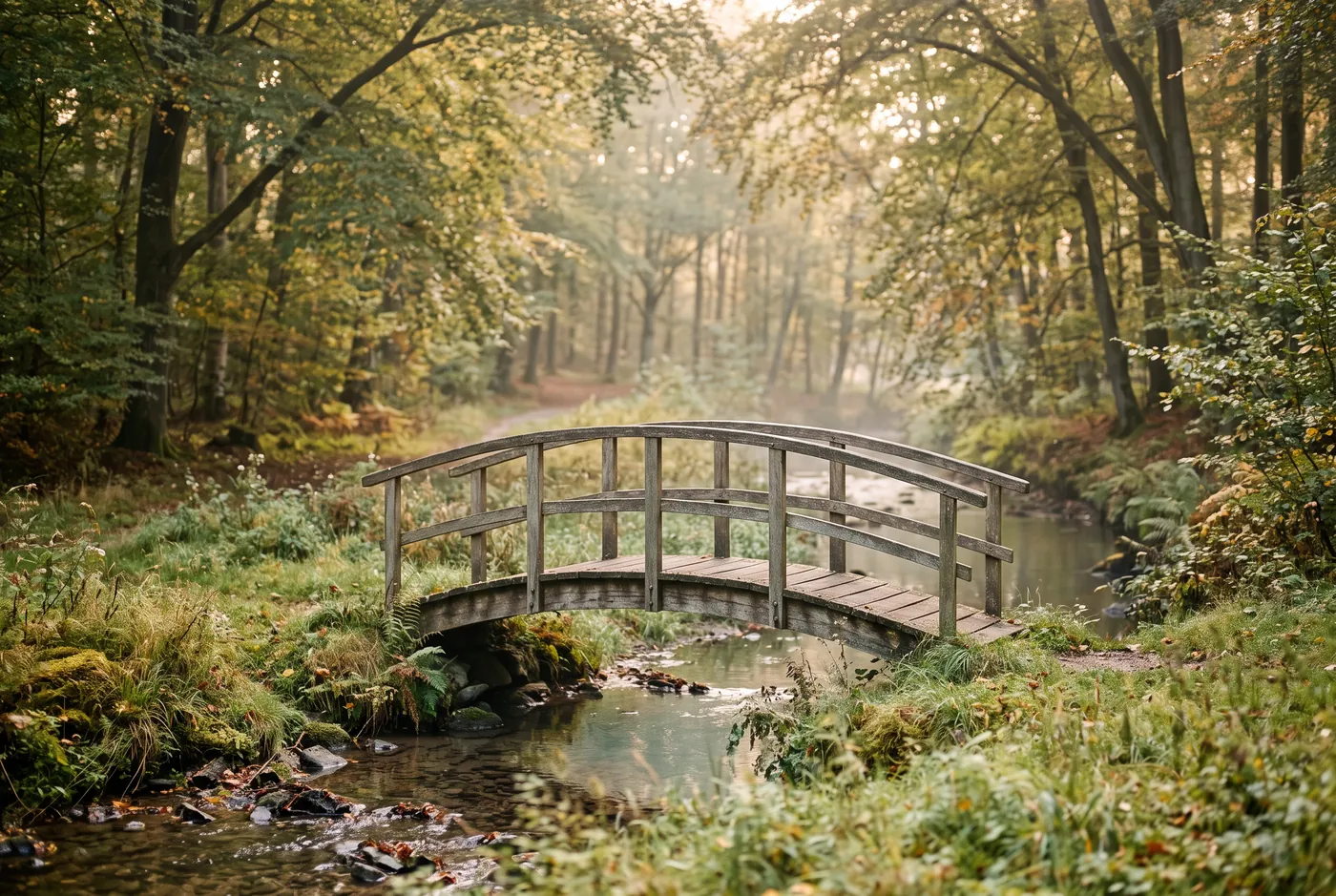 Houten brug over een beek in een licht beukenbos