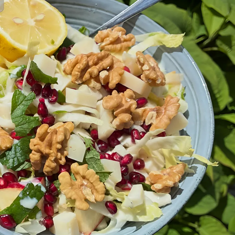 Salade met appel, granaatappel, munt en walnoten